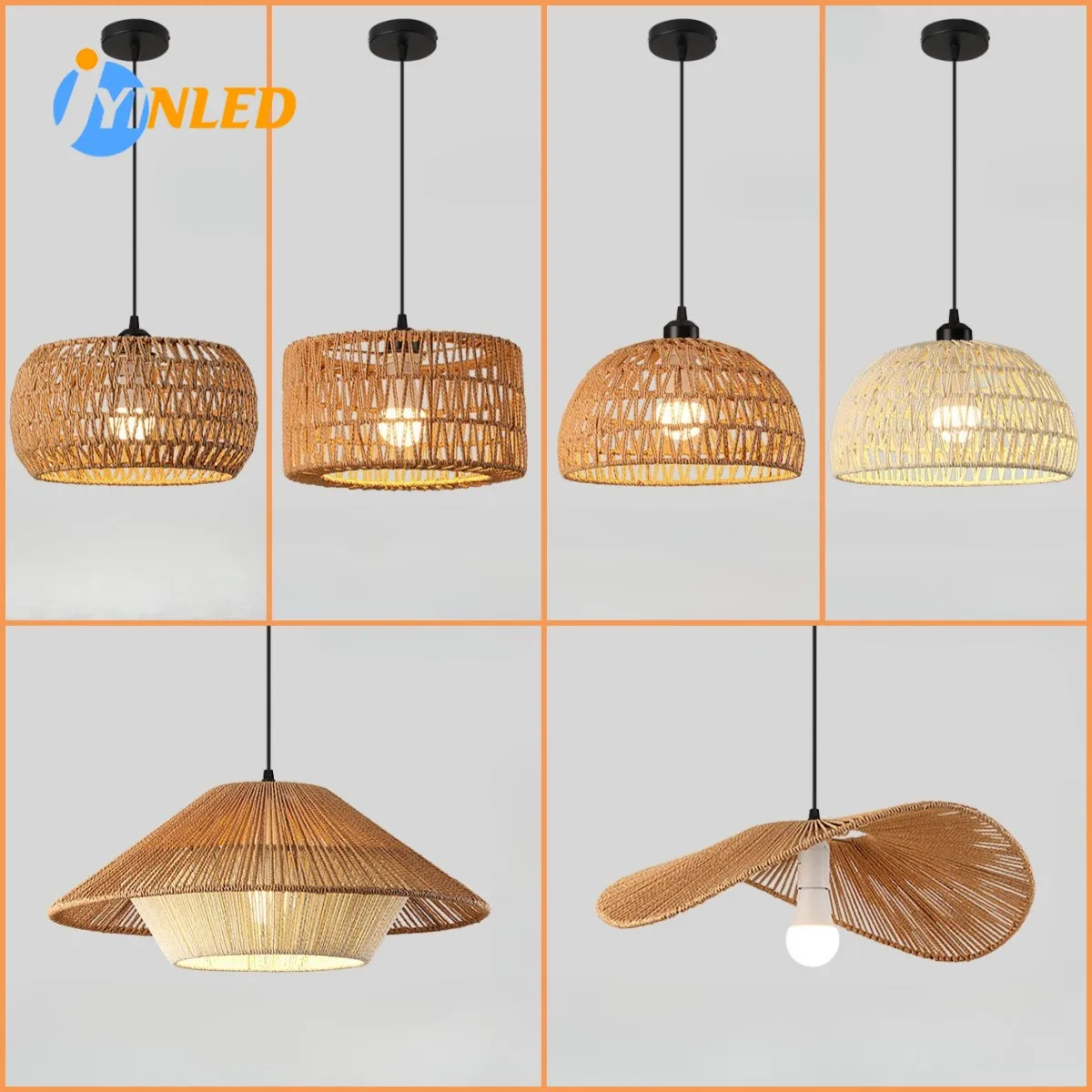 Retro Wicker Basket Pendant Lamp Boho Rattan Pendant Light Fixture Vintage Farmhouse E27 Hand Woven Hemp Rope Hanging Chandelier