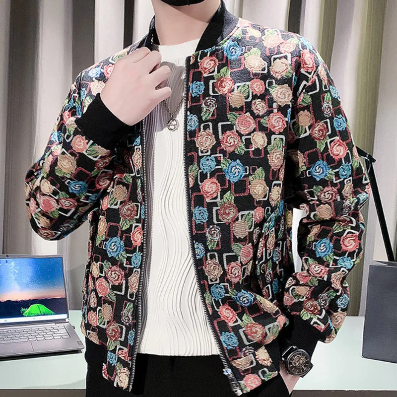 

Top Quality Men Vintage Colored Flowers Jacket Fashion Slim Casual Jacket Zipper Social Coats Streetwear Bomber Print Jacket Men