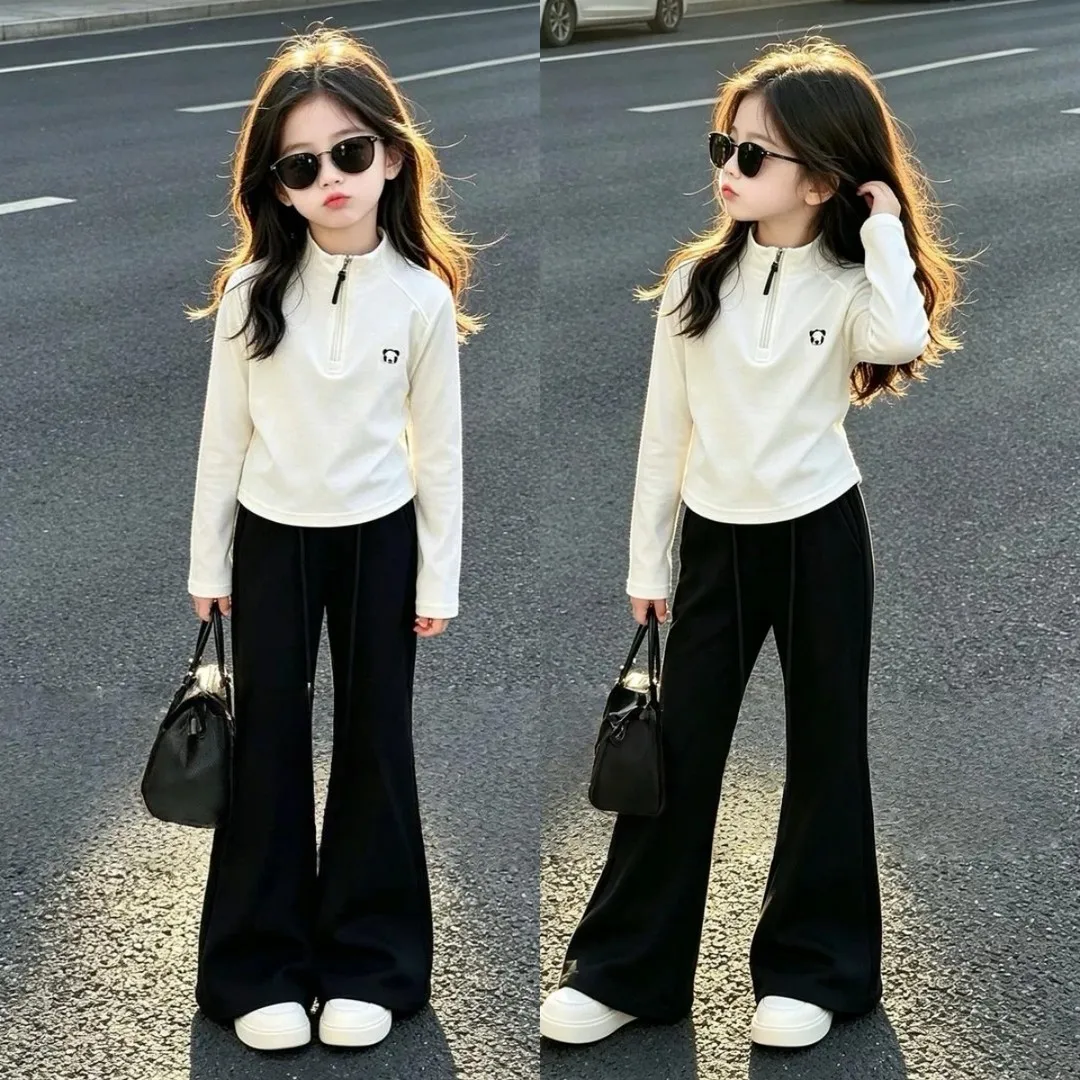 2026 Autumn winter girls Child set Teens long sleeve crop top sweatshirt Panda T shirt+ wide leg pants tracksuit 4 10 12 year