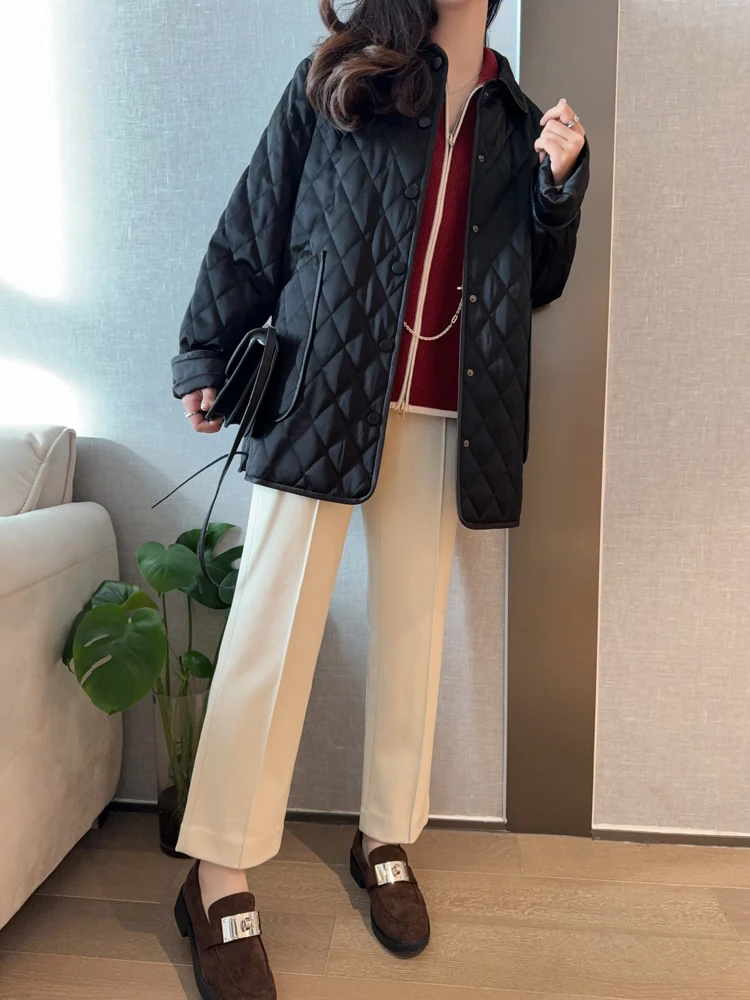 

Lightweight Silk Jacket Fashionable Quilted Cotton Coat Autumn Winter Loose Fit Women's Medium Length Black Outerwear