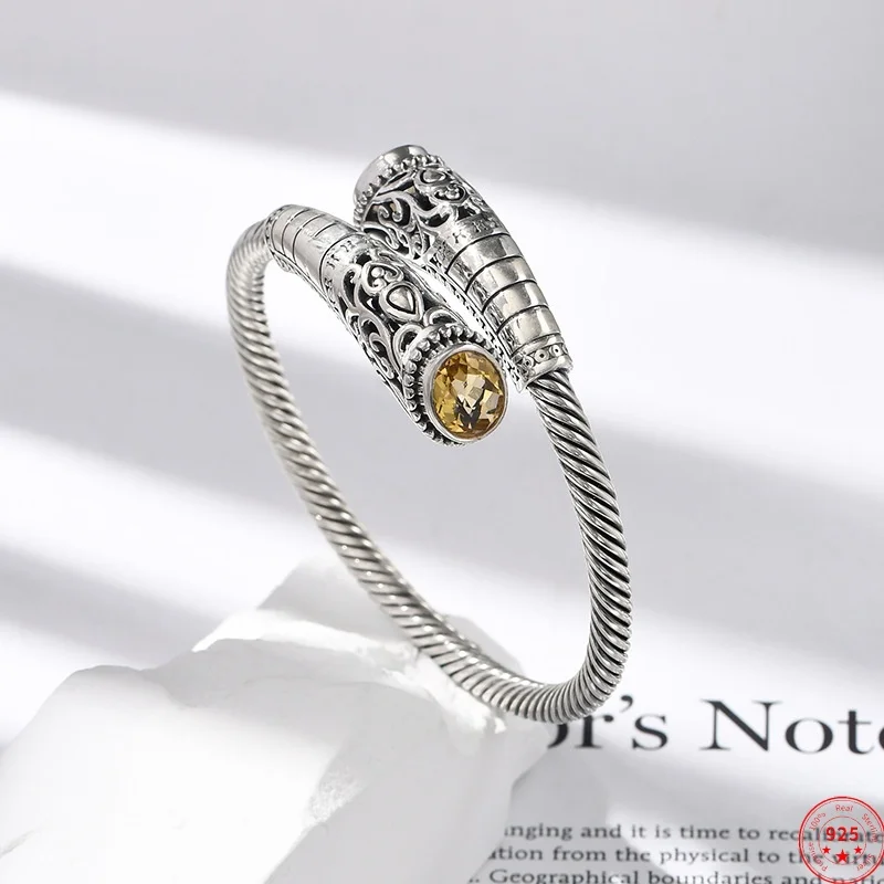 

S925 Sterling Silver Charms Bracelets for Women Men Eternal Rattan Pattern Yellow Crystal Twist Bangle Jewelry Wholesale