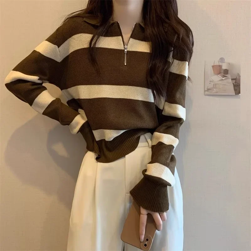 2023 New Women's Autumn/Winter Long Sleeve Knitted Sweater Base Layer Top Overcoatzip-up POLO Collar Thickened Warm Inner Stripe