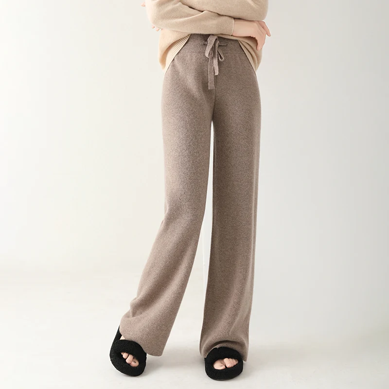 

New Fashion Women 100% Merino Wool Trousers Drawstring Autumn Winter Soft Thick Warm Knitted Pants Woman Wool Wide Leg Trousers