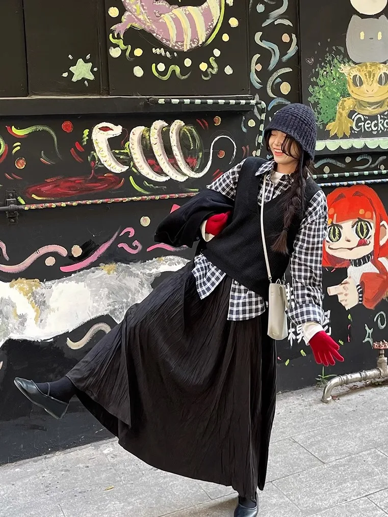 

Мягкая плиссированная юбка-миди А-силуэта для женщин, осенне-зимняя новинка, винтажная, свободная, стройнящая, длинная, универсальная