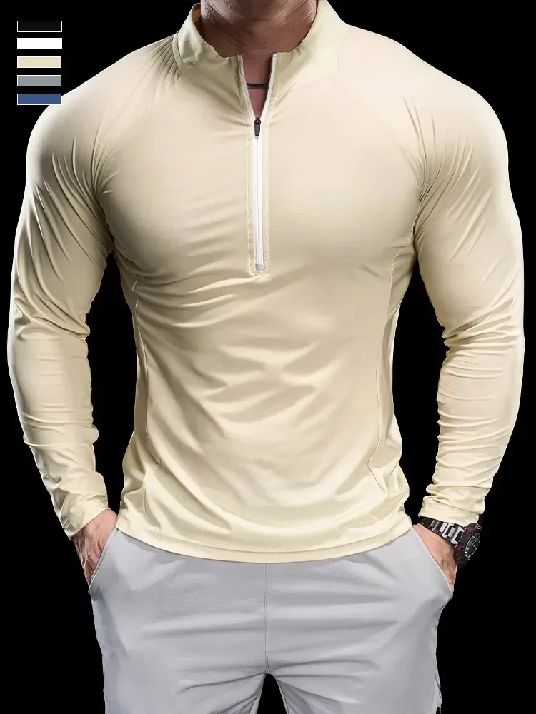 2024 New Men Sports T-shirt Gym Fitness Tops Running Training Clothes Autumn Round Neck Quick-drying Breathable Long Sleeves