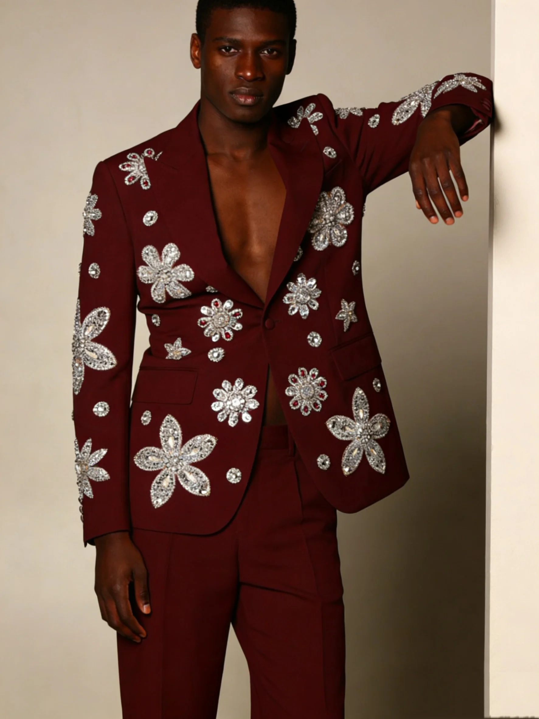 

Burgundy Men Suit Set 2 Pcs Luxury Blazer+Pants Trousers Customized Spring Cotton Formal Office Jacket Wedding Tuxedos Prom Coat