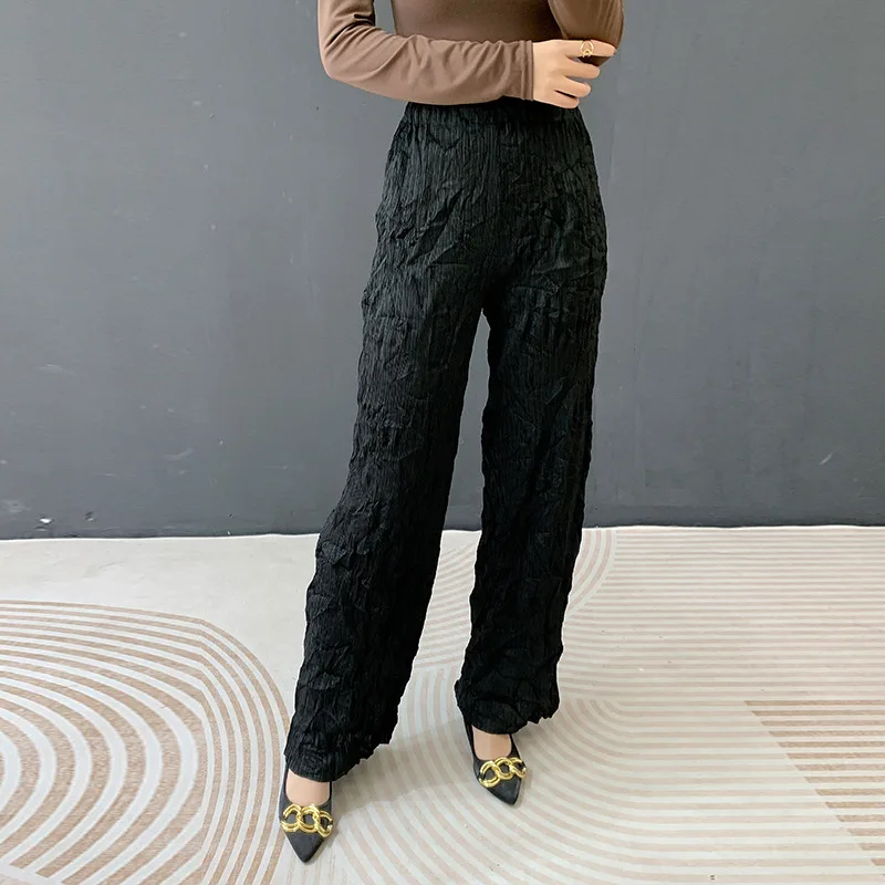 Miyake Pleated 2025 Spring New Fashion Hand Pleated Straight Trousers Women High Waist Draping Slim Pleated Casual Trousers