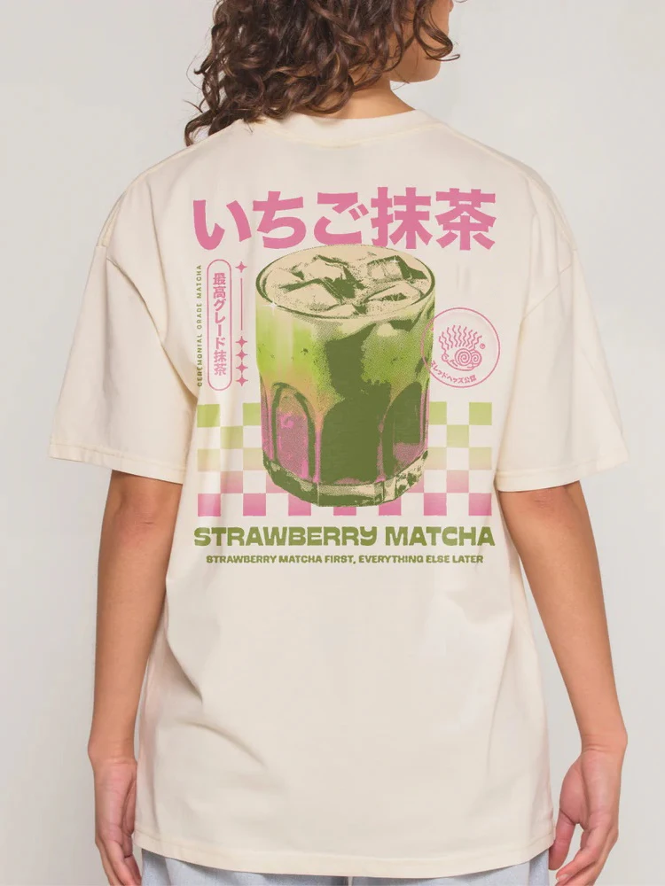 Matcha Back Print T-Shirt Loose Short Sleeve Streetwear Graphic Tees Tops Y2k Aesthetic Cotton Women Shirt Unisex Female Clothes