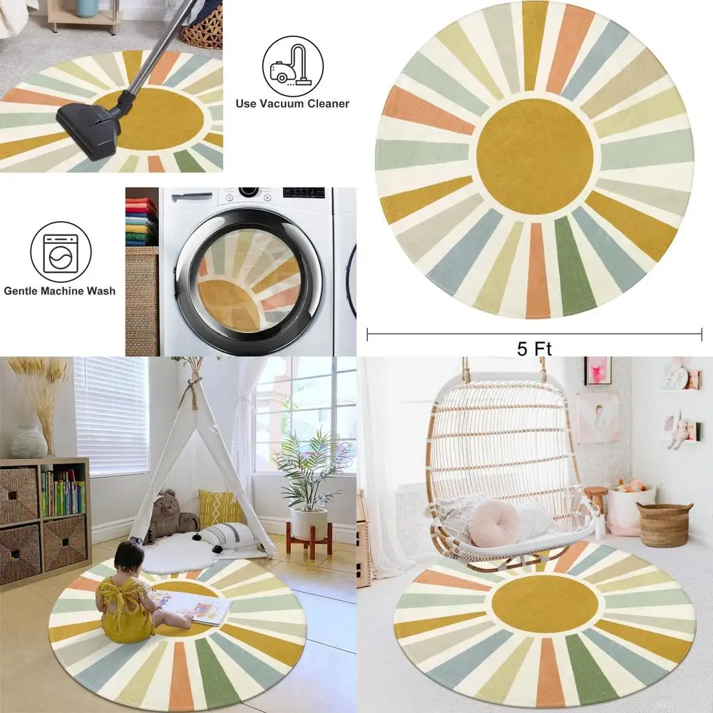 

Round Boho Washable Rug, 5ft Diameter, Rainbow Circle Design, Ideal for Kids, Office, Dorm, and Living Room
