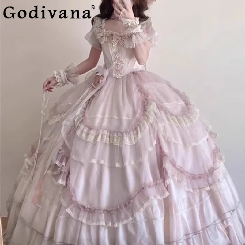 

Lolita Flower Marriage Evening Dress Women's Summer Pink Party Celebrity Dress Female Short Sleeve Cosplay Sweet Dress