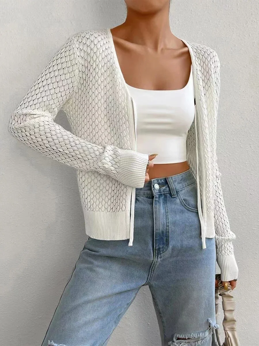 Women Oversized Chunky Knit Cardigan Sweater with Open Front and Hollow Out Design Trendy Long Sleeve Tie Up Casual