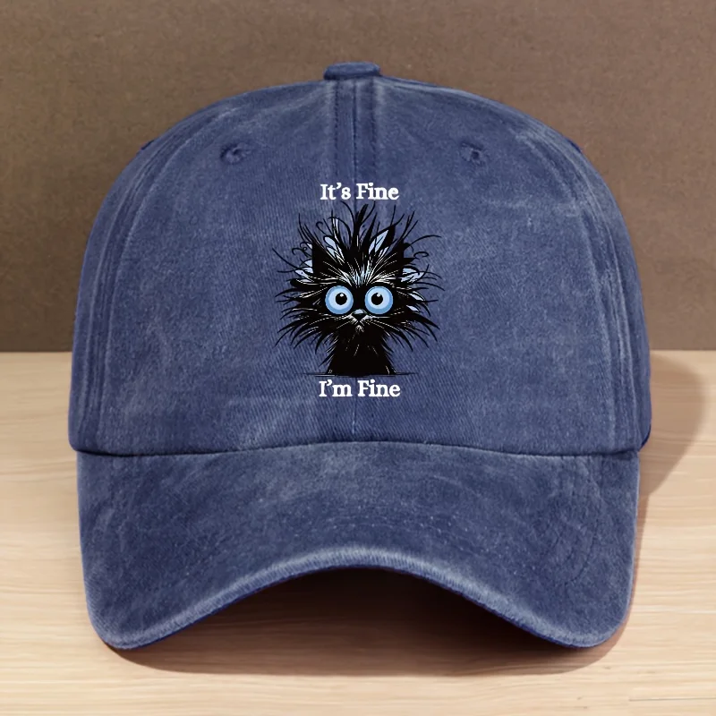 Fashionable "It'S Fine, I'm Fine" Cat Graphic Washed Baseball Cap Adjustable Fit, Lightweight & Durable, Perfect for Outdoor S