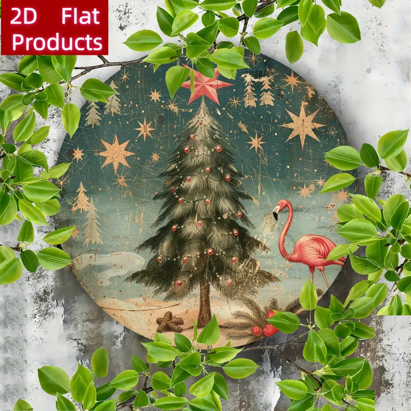 2D Flat, 1pc 1pcs Round Wall Decor Suitable for Home, Christmas & Flamingo-Themed Artificial Panel with Snowy Night Stars - Flam