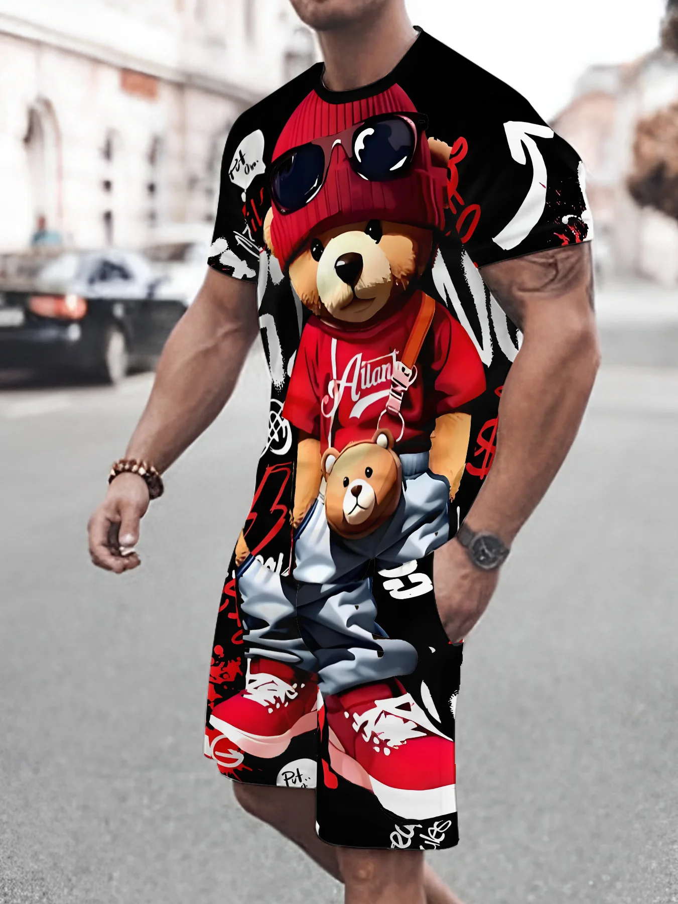 

2025 Summer Casual fashionable sporty breathable 3D cartoon bear print soft comfortable and lightweight men's suit