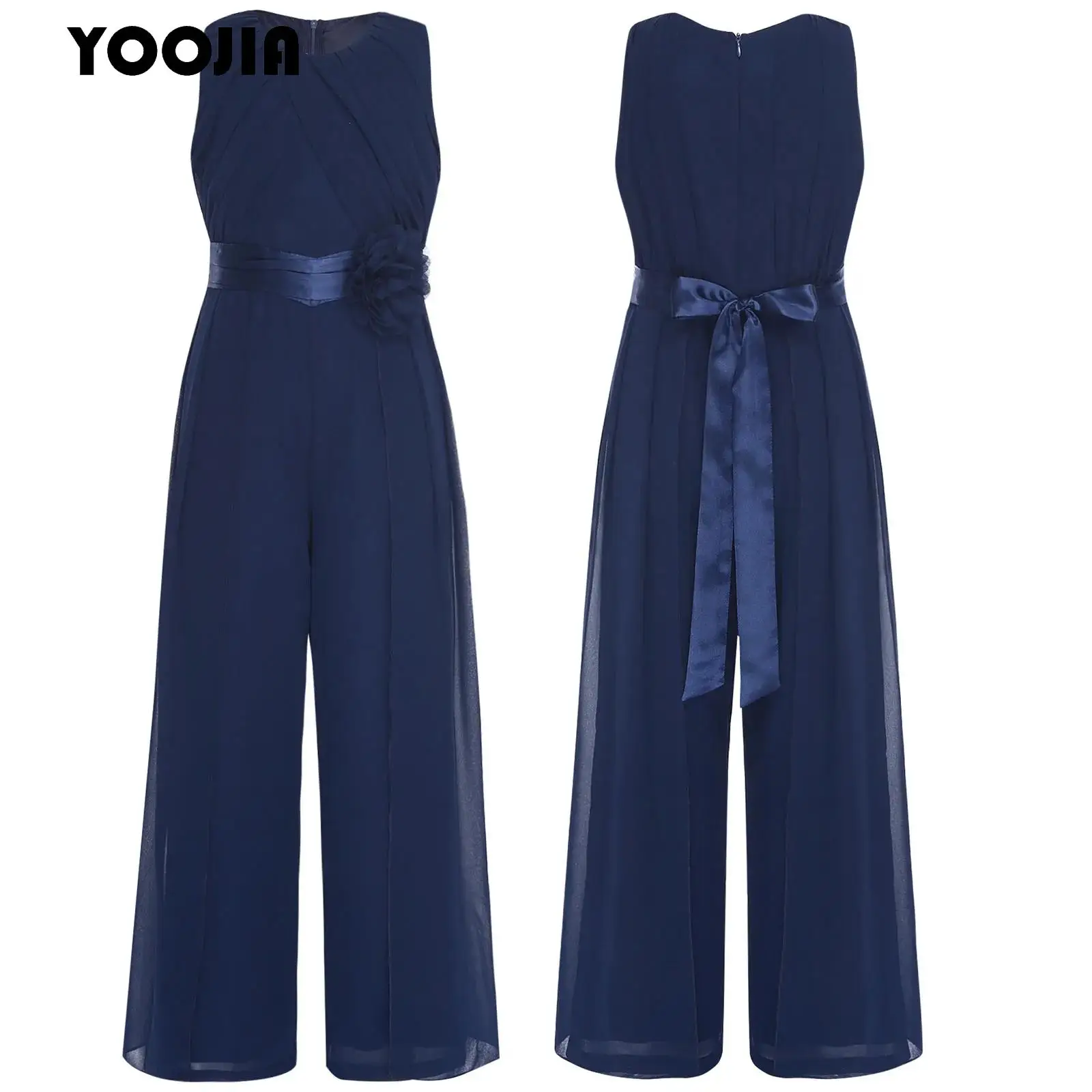 

Elegant Chiffon Jumpsuit Overall Long Pants Suit Sleeveless Long Wide Pants Full Body Suit with Waist Belt Wedding Party Outfits