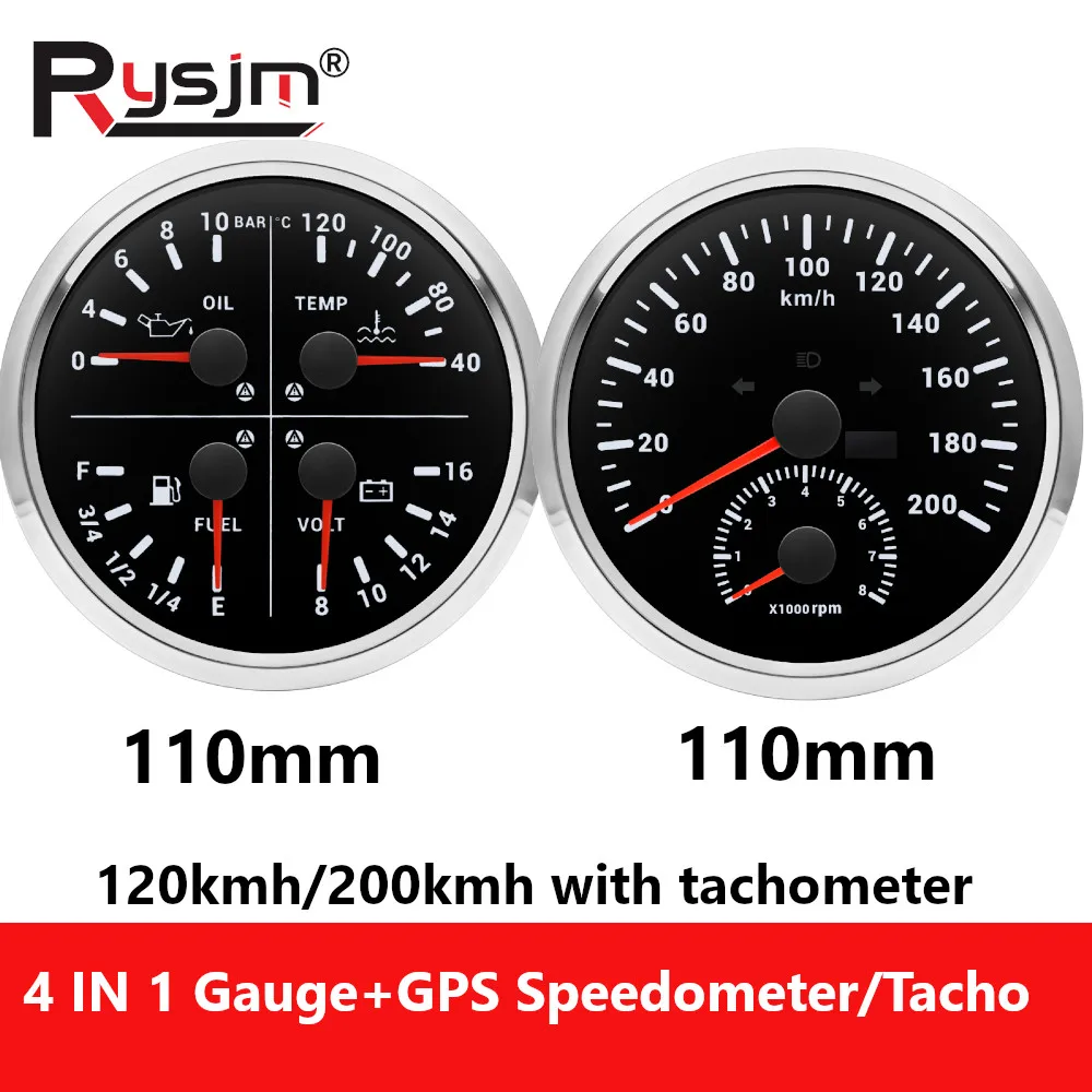 110mm 2 Gauge Set 4 in 1 Oil Pressure Water Temp Fuel Level Voltmeter Gauge + 200km/h GPS Speedometer with 8000RPM Tachometer