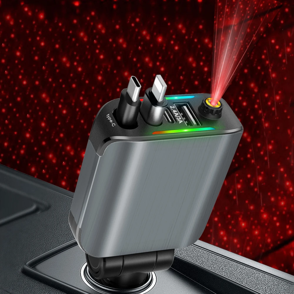 

Выдвижное быстрое автомобильное зарядное устройство 4 в 1 со звездным светом на крыше, адаптер USB C 120 Вт, 2 USB-порта, автомобильные зарядные устройства для iPhone Samsung