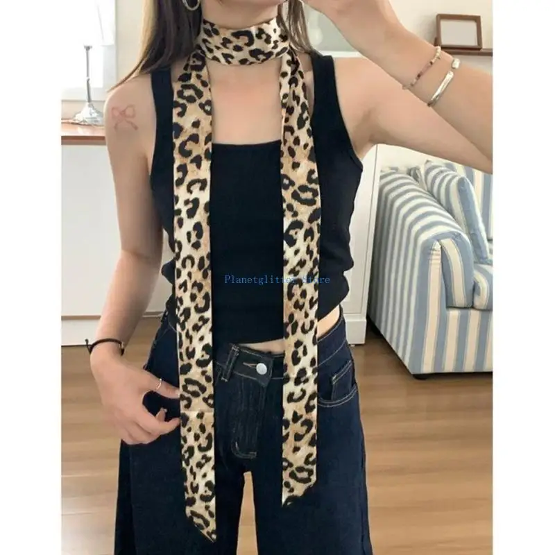 

652B Skinny Scarf for Womens Thin Long Neckscarf Fashion Vintage Leopard Print Hairband Waistband Bag Purse Handle Accessory
