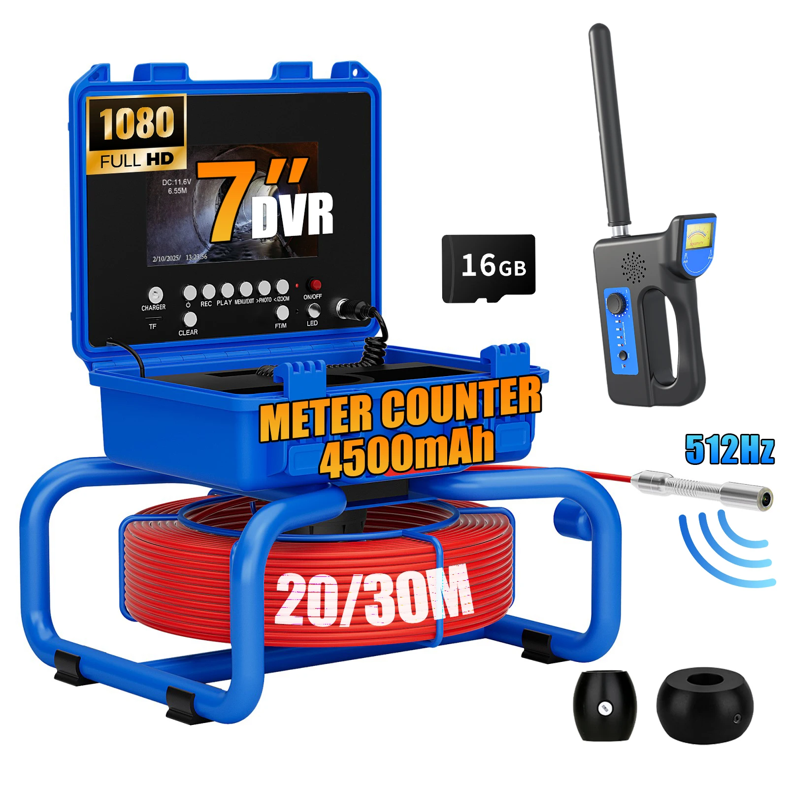 7 inch IPS Pipe Endoscope Camera, Sewer Camera 18mm with 8 LEDs, 512Hz Locator, 4500mAh, DVR 16GB Inspection Camera