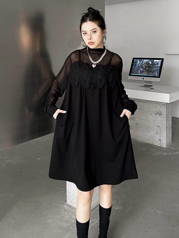 NYFS 2025 ربيع الخريف جديد كوريا فساتين النساء Vestidos رداء Elbise فضفاض حجم كبير شبكة المرقعة فستان الدانتيل #3