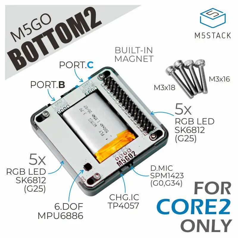 Official M5Stack Base Bottom2 Core2 Specific Expansion Battery Dock with MPU6886 for M5GO
