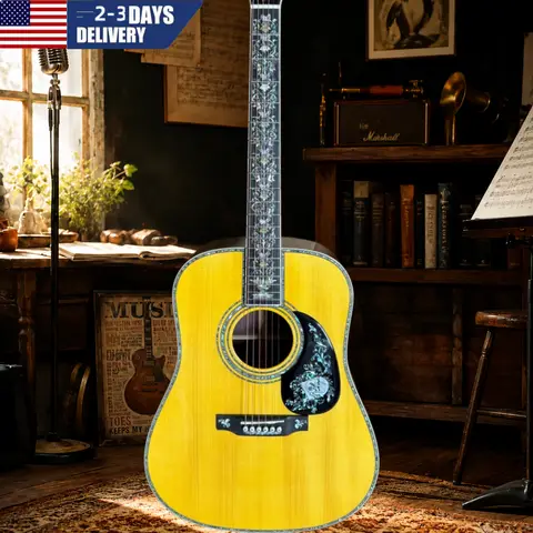 All Solid Wood D-100 Acoustic Guitar Abalone Inlays Ebony Fingerboard Bone Nut Gold Tuners