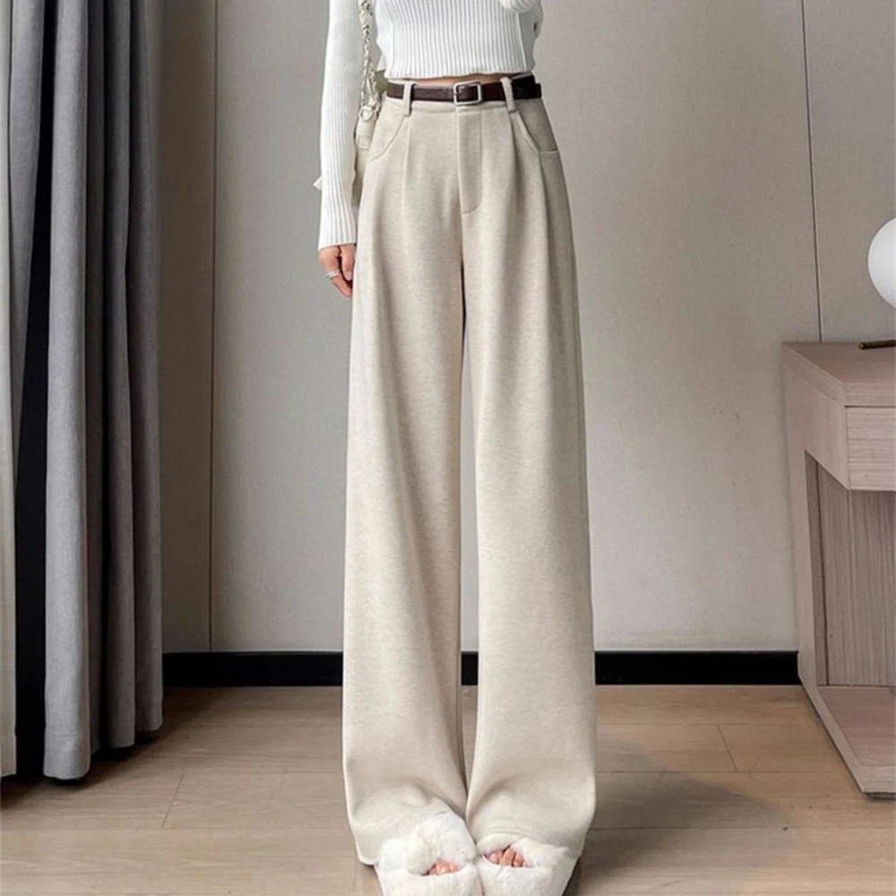 2025 autumn and winter new velvet herringbone woolen straight-leg suit pants women's high waist and thin drape wide-leg pants