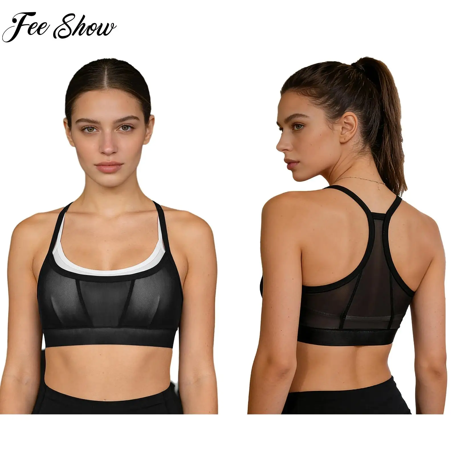 

Gym Tops for Womens Double-Layer Sports Bra Yoga Workout Running Costume Sleeveless Spaghetti Straps Sheer Mesh Overlay Crop Top