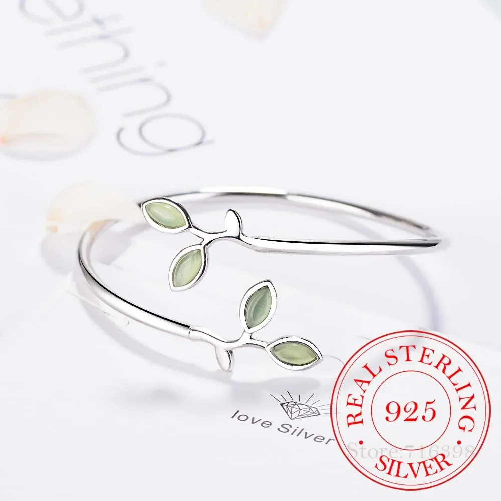 New Beautiful Sprout Exquisite Korean Style Fashion 925 Sterling Silver Jewelry Bracelets Literary Leaves Crystal Bangles