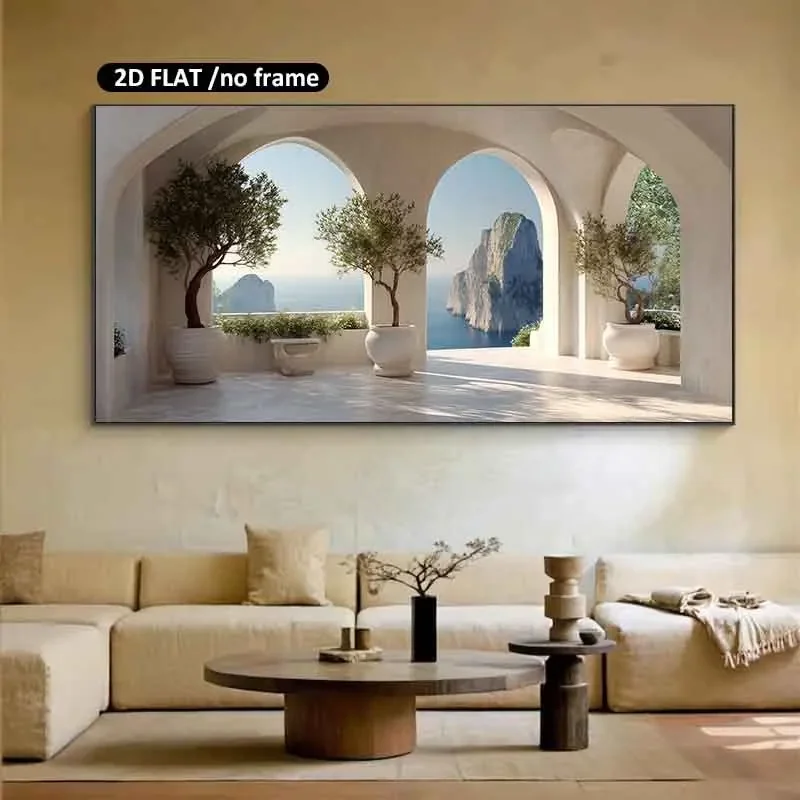 1pc frameless Canvas Painting 2D Flat Modern Coastal Landscape Canvas Wall Art Frameless Minimalist Arches and Olive Trees Canva