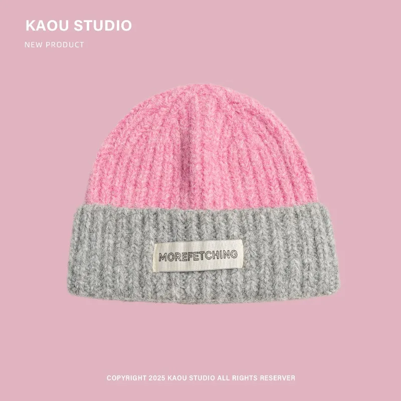 

New Color Block Letter Cloth Label Design Knitted Hat Autumn and Winter Men and Women Warm Ear Protection Skull Beanie Caps