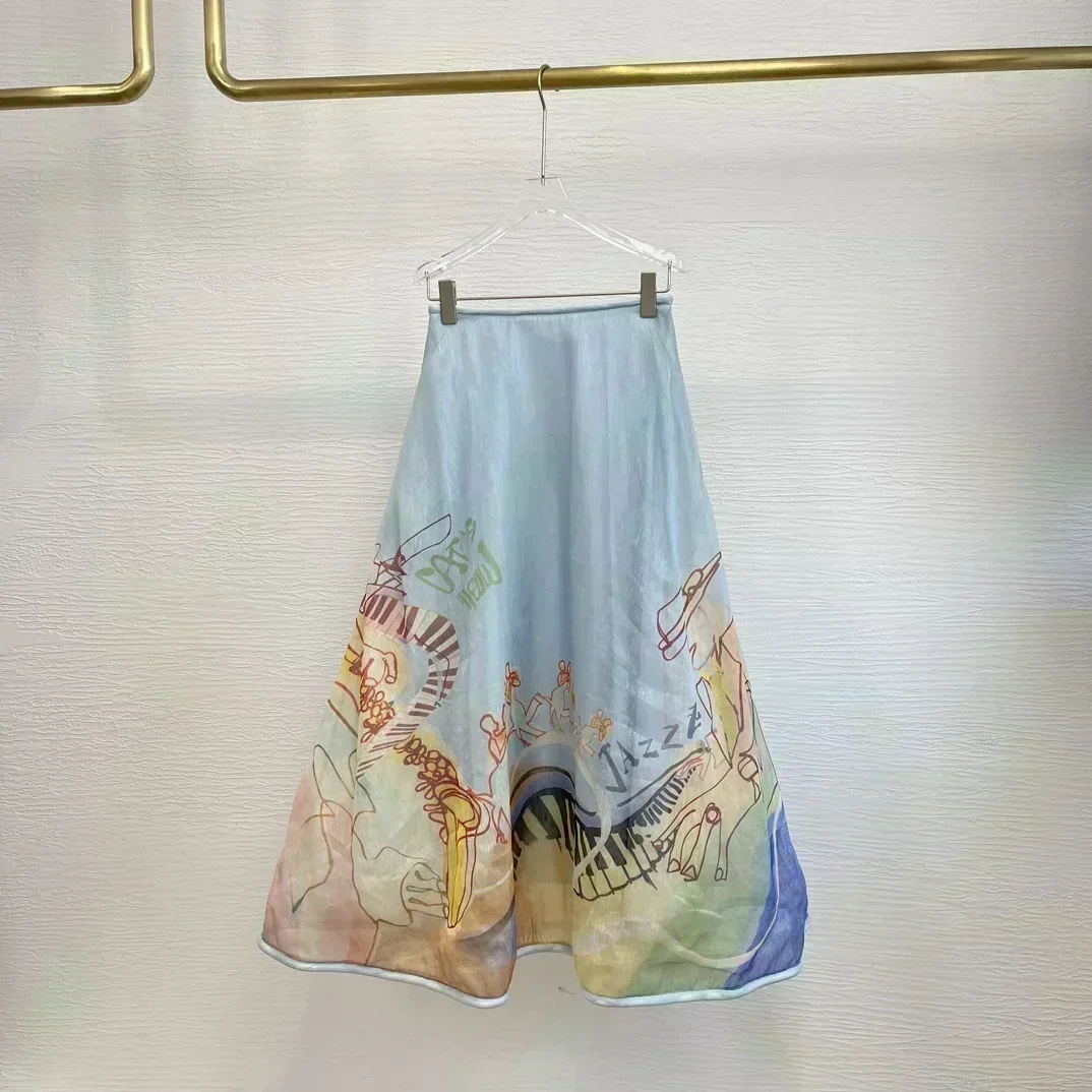 2023 New Linen Silk Beach Style High Quality Women Fashion Top Waisted Piano Printing All Matching A-line Skirt for Holiday