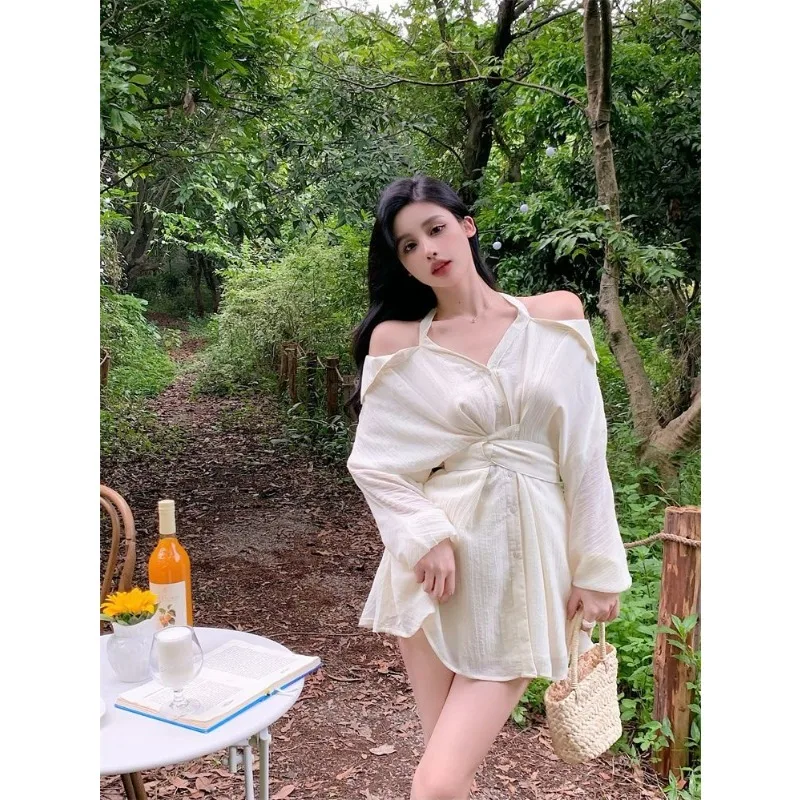 Sukienka koszulowa z odkrytymi ramionami, podkreślająca talię, damska, retro, krótka spódnica, szorty, dwuczęściowy komplet.