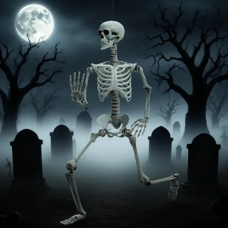 Full Life Size Haunted House Movable Skeleton Prop with Poseable Fake Human Skull Bones for Halloween Party Decoration