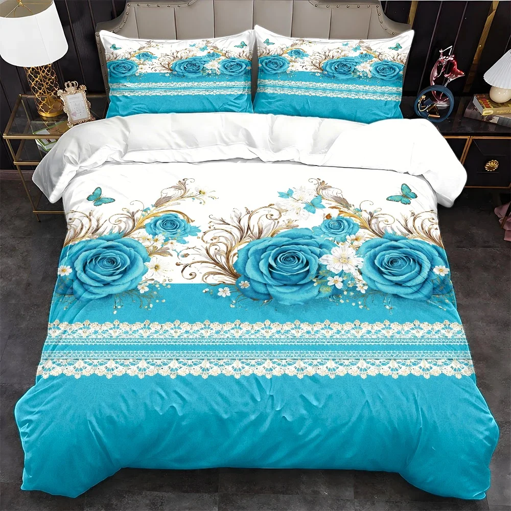 3Pc Blue Rose Lace Duvet Cover Set, Three-Piece Bed Set (1*Duvet Cover + 2*Pillowcases), Suitable for All Seasons, Machine Washable, Invisible Zipper Design, Large Double Bed Cover Set, Suitable for Home, Dormitory, Master Bedroom, Guest Room, European Retro Floral Butterfly Pattern, Skin-Friendly and Comfortable Bedding Set, Home Bedding Set with 2D Flat Print