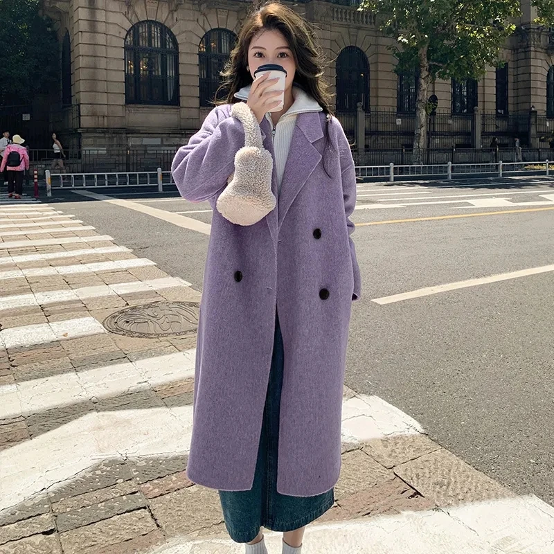 

Mid length Women Woolen Coat 2024 Loose Over the knee Female Double Breasted Thick Woolen Jacket Temperament Woolen Outerwear