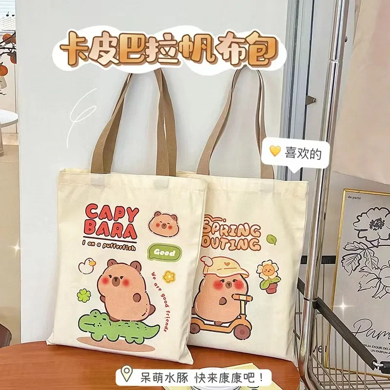 Cartoon Capybara canvas Handbag Totes Hollow Out Shoulder Bag For Student file collection bag Casual Large Capacity Pack