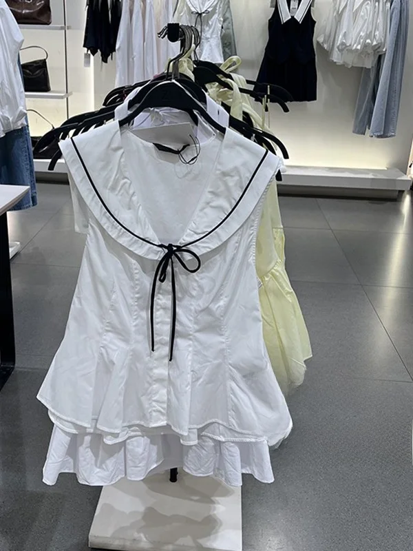 Letnia Nowa Słodka Sukienka Damska Bez Rękawów z Kołnierzykiem Marynarskim Ozdobiona Węzłem Mieszanka Jedwabiu Długość Midi Prosty Krój