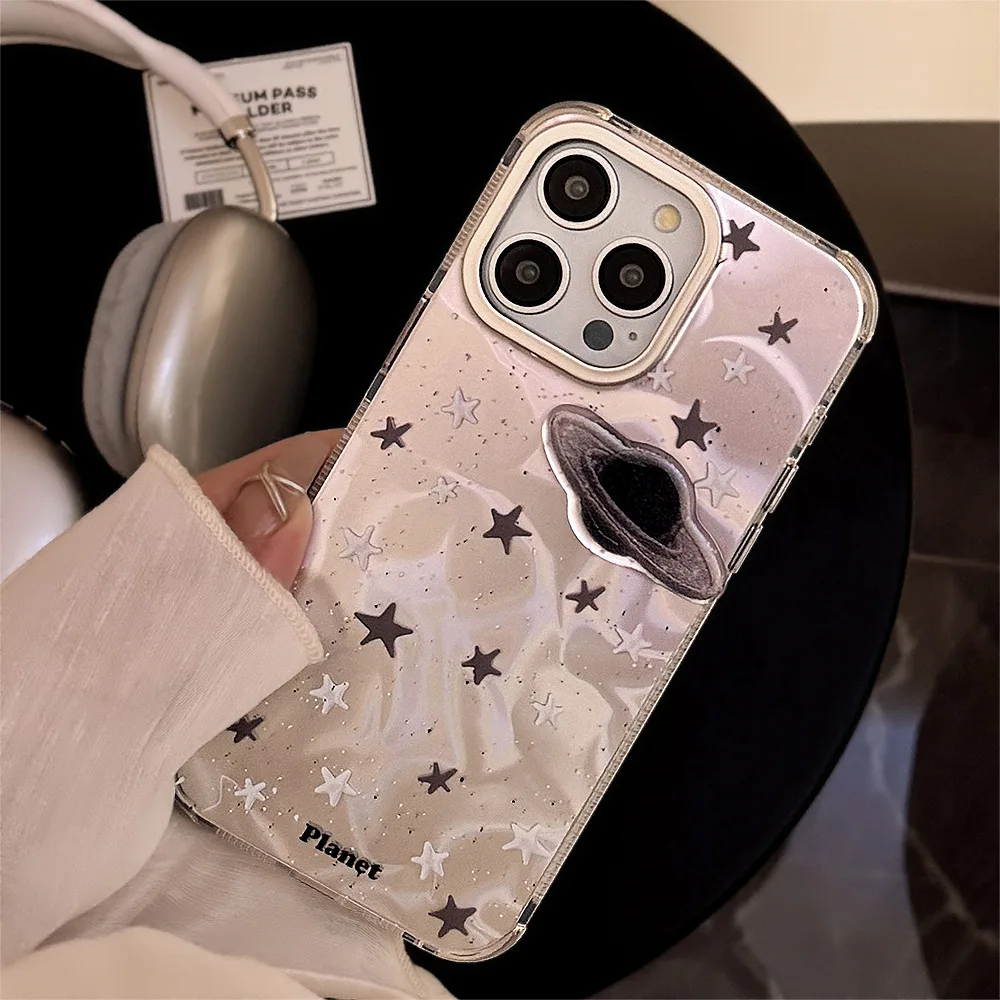 3D Saturn Stars Wave Phone Case for iPhone 15 Pro Max Plus 14 13 12 Glitter Cool Phone Protective Cover