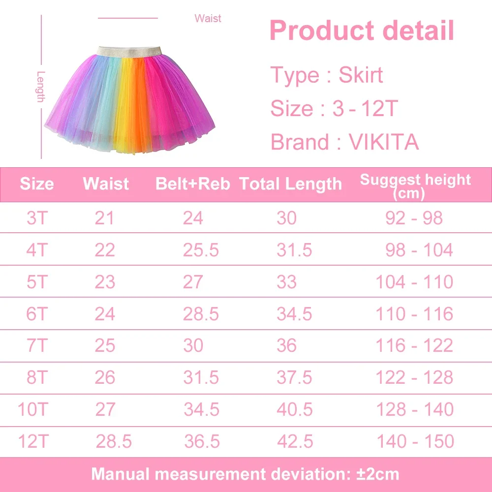 VIKITA Kinder-Rock, bunt, Regenbogenfarben, mehrfarbig, für Mädchen, elastisch, lässig, Schule, Alltag, Party, Prinzessin, Miniröcke, Kinderkleidung – Detail 1
