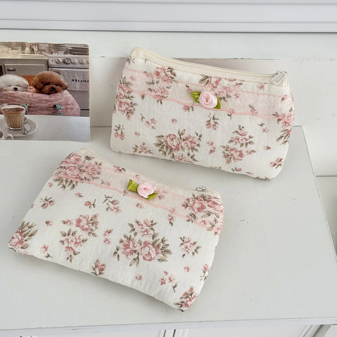 Pink Flower Women Small Makeup Bag Travel Organizer Cosmetic Coins Handbag Pouch Gilrs Cute Bow Square Zipper Wallet Bags