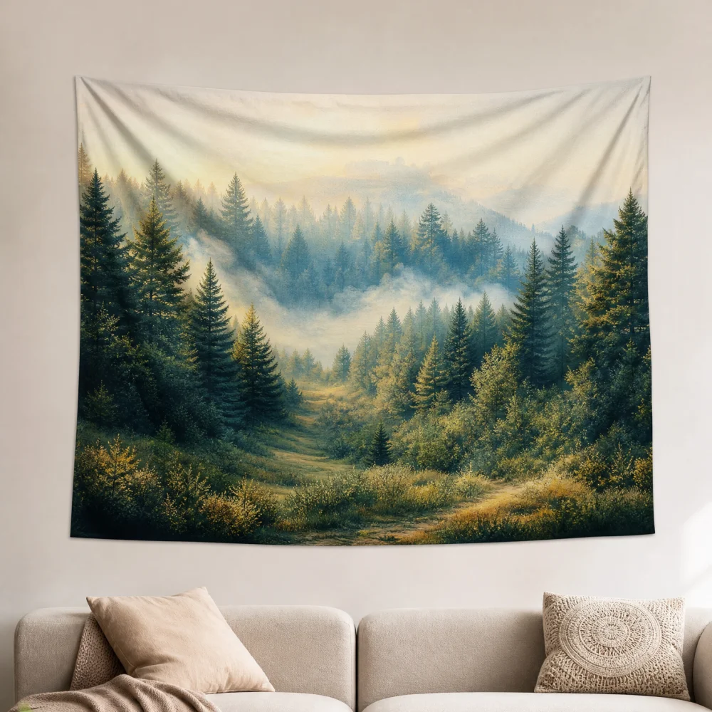 Morning Mist Pine Forest Trail 150X100CM Customizable Tapestry Living Room Peaceful Healing Scenery Wall Background Cloth