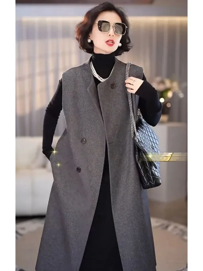 2026 Autumn And Winter New High-End Loose Medium And Long Solid Color Woolen Vest Versatile Casual Vest Jacket Grey