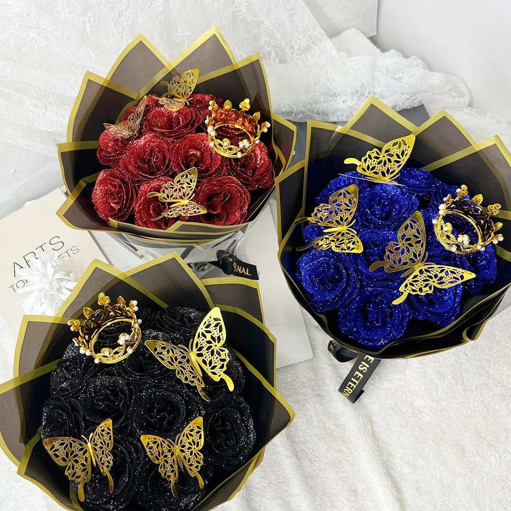 

Luxury Glitter Rose Bouquet With Crown & Butterfly – Artificial Flower Gift For Mother's Day, Anniversary, Birthday