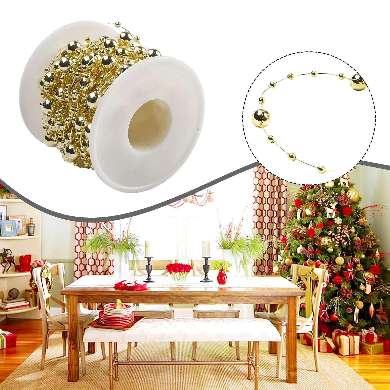 Pearl Plastic Wire Beads String Necklace  10m Long  Decoration for Christmas Party and Tree  Long Lasting Quality