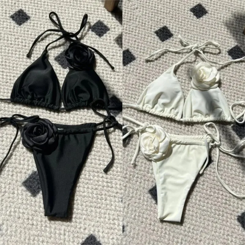 

New Sexy Bikini Set Women Swimsuit Black White 3D Floral Print Micro Bikinis Brazilian Beachwear Bathing Suit Thong Swimwear