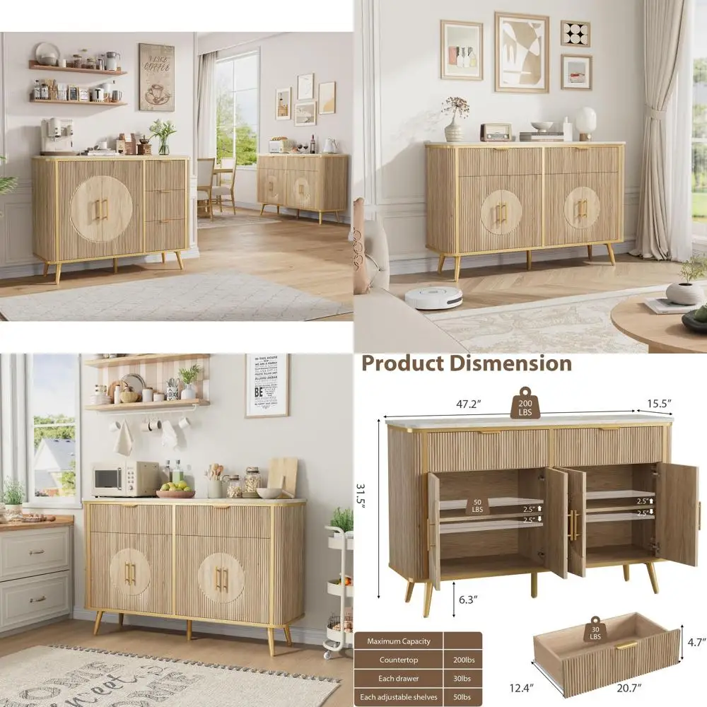 

Storage Cabinet with Coffee Bar, 2 Drawers & Adjustable Shelves, Ideal for Kitchen, Dining, Living Room, Hallway, Natural Oak Fi