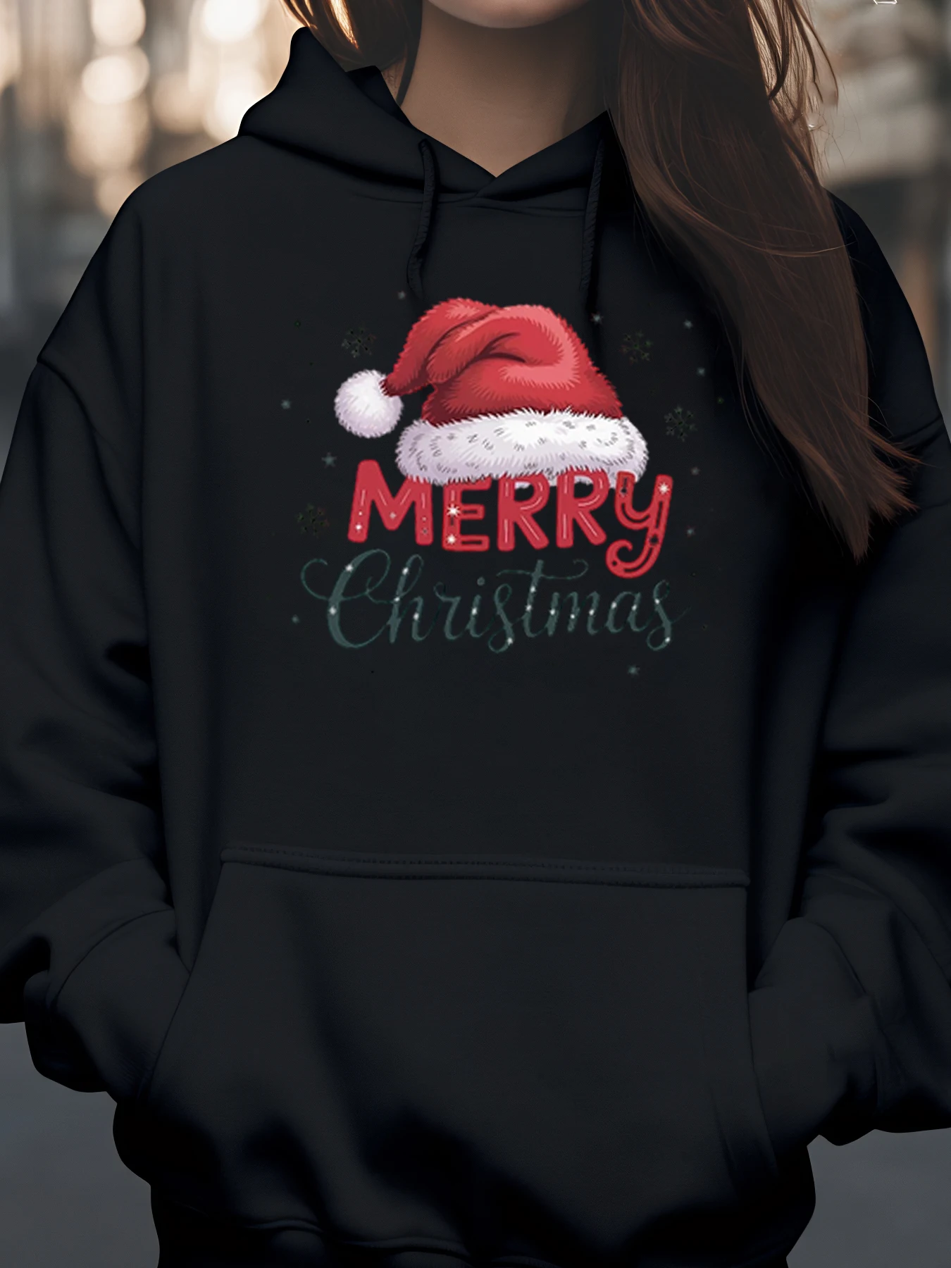 سانتا هات عيد ميلاد سعيد طباعة هوديي عطلة عارضة ارتداء النساء #1
