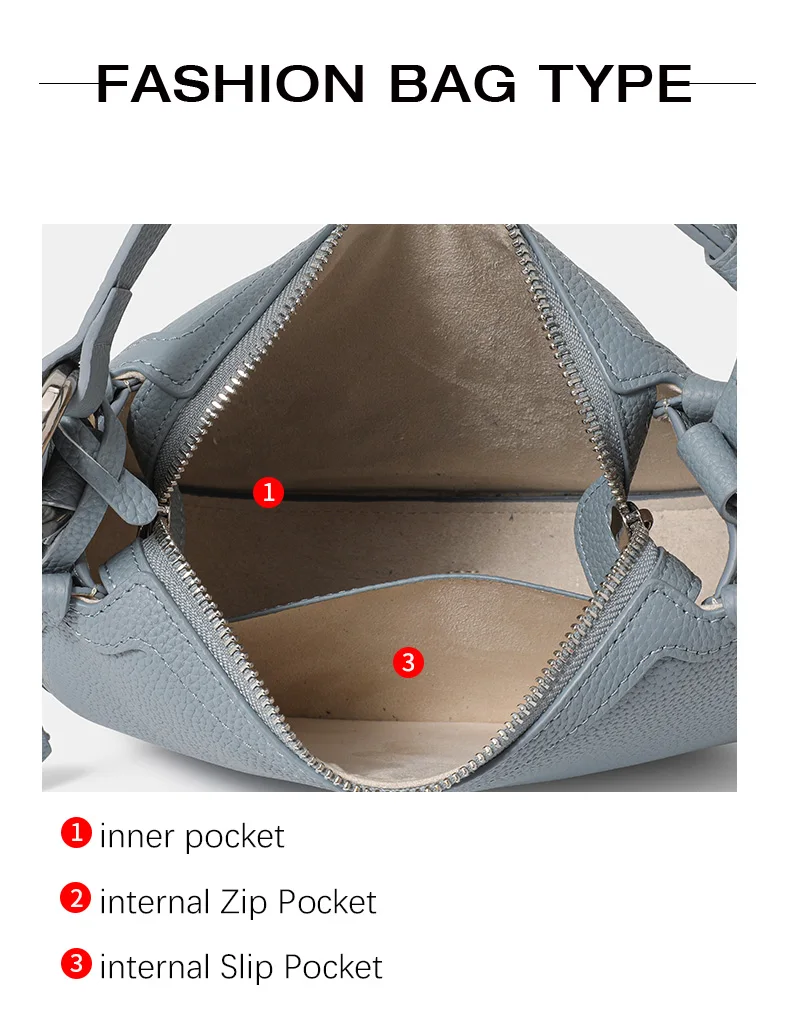 Neue hochwertige Leder-Halbmondtasche für Damen mit diagonalen Klettverschlüssen aus Rindsleder, Handtasche mit Schulterriemen und Achseltaschenfunktion. – Detail 6