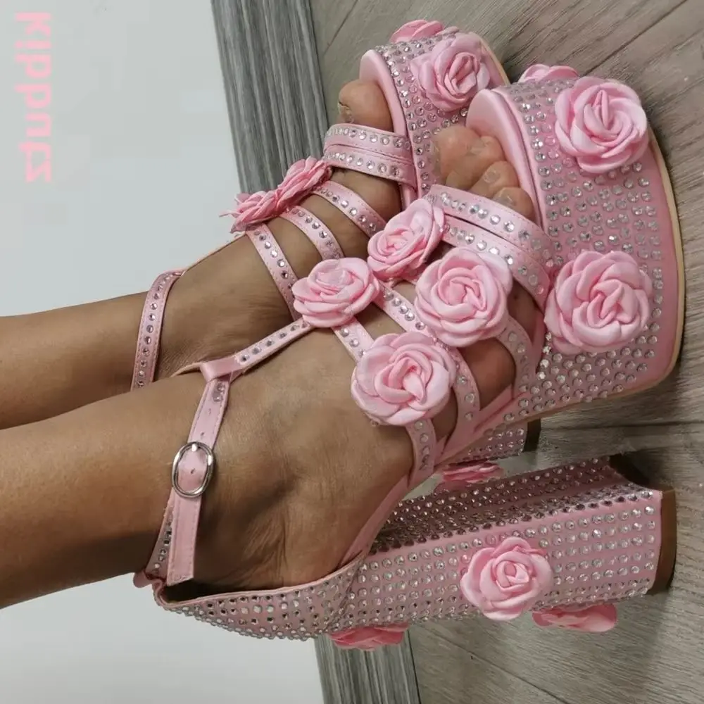 

Сандалии Rose Bloom со стразами на платформе, блестящие туфли на квадратном каблуке с круглым носком, однотонные роскошные модные элегантные модельные туфли с ремешком на щиколотке